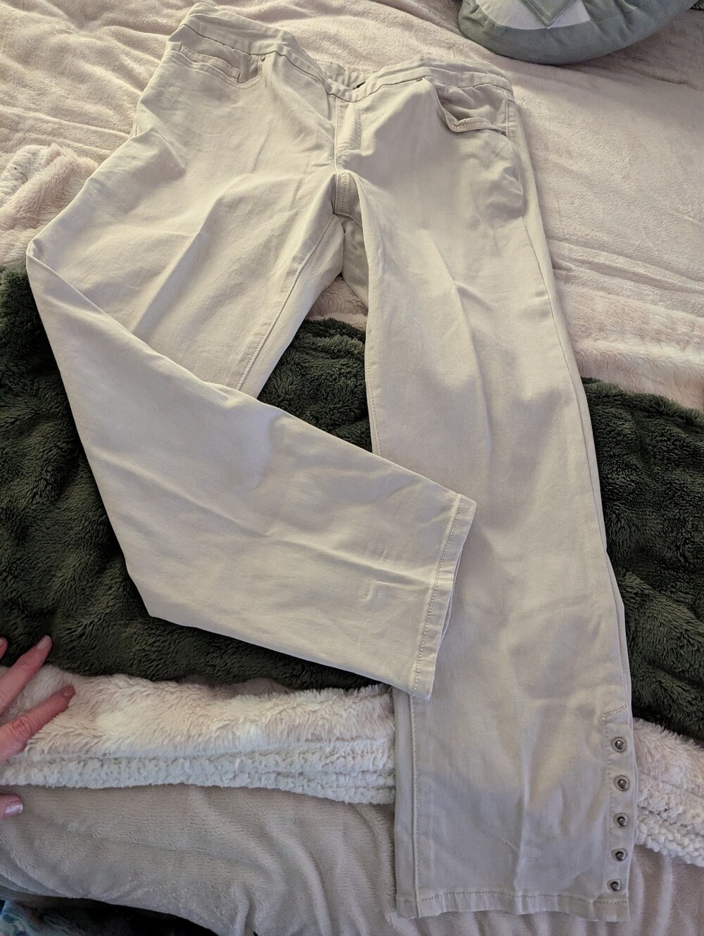 Tribal Light Beige Casual Pants with Button Hem